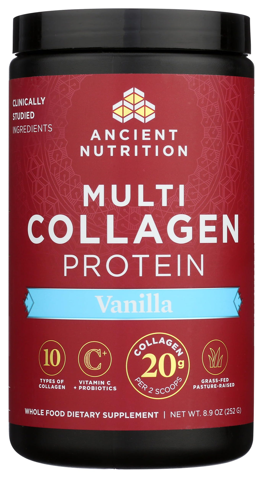 Ancient Nutrition collagen sources icons showing beef, chicken, fish, and eggshell membrane