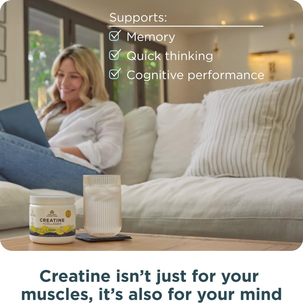 Ancient Nutrition Creatine + Collagen bottle on workout mat for recovery support.