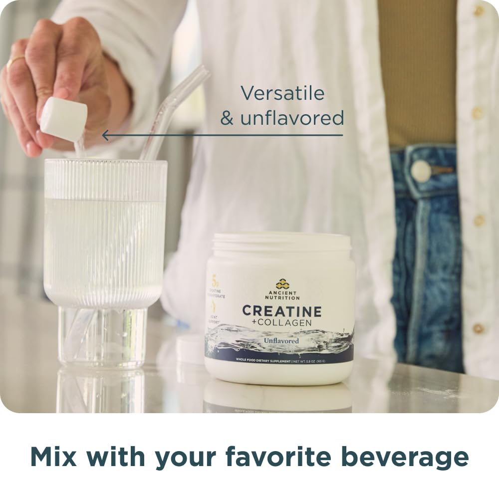 Ancient Nutrition Creatine Collagen serving scoop added to smoothie for cognitive focus