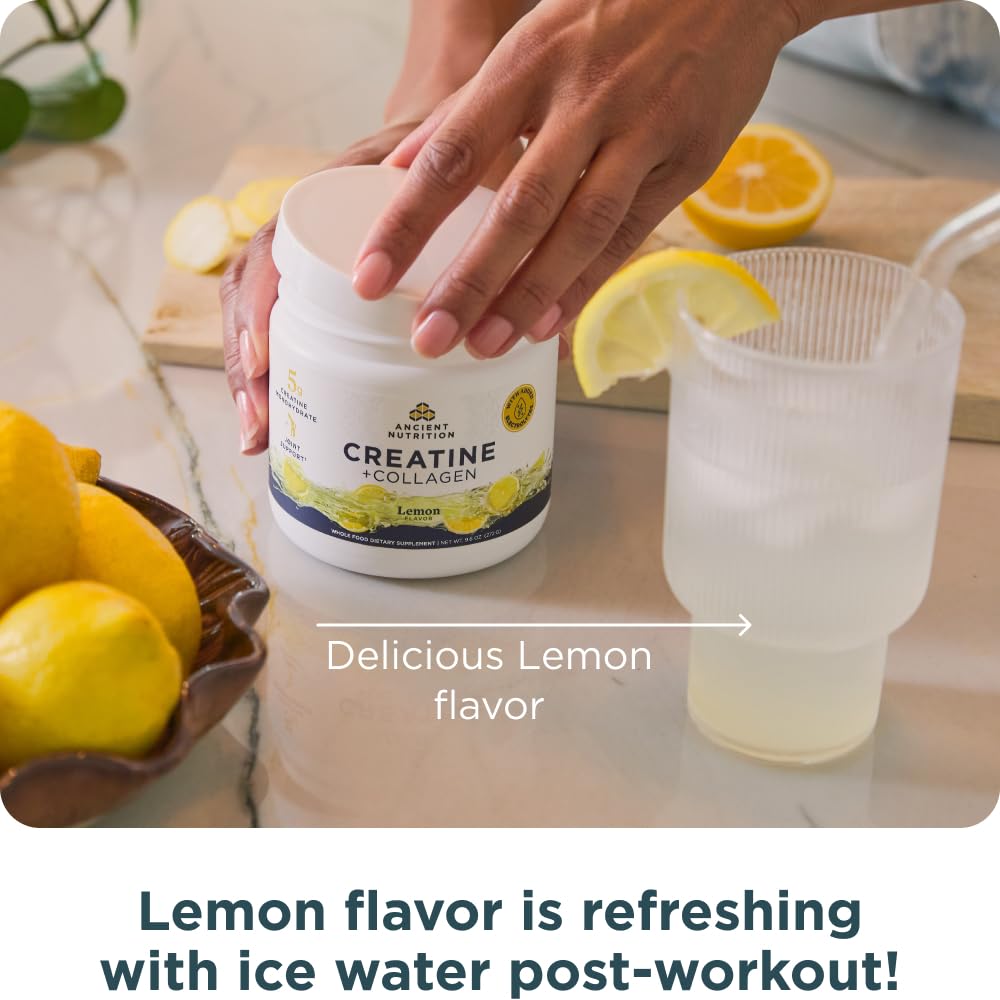 Ancient Nutrition Creatine + Collagen shaker blending powder for easy pre- or post-workout mix.