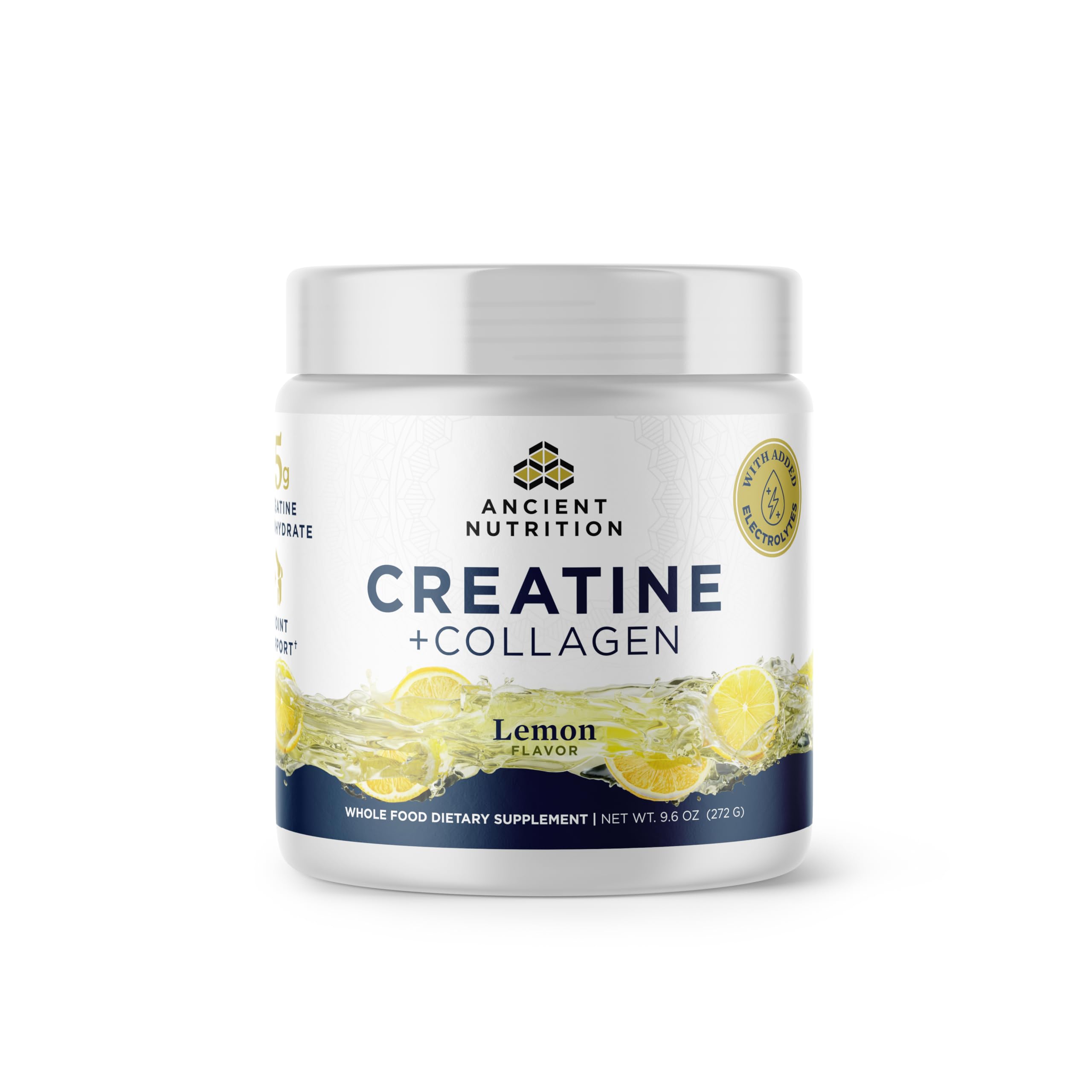 Ancient Nutrition Creatine + Collagen tub front view highlighting lean muscle support.
