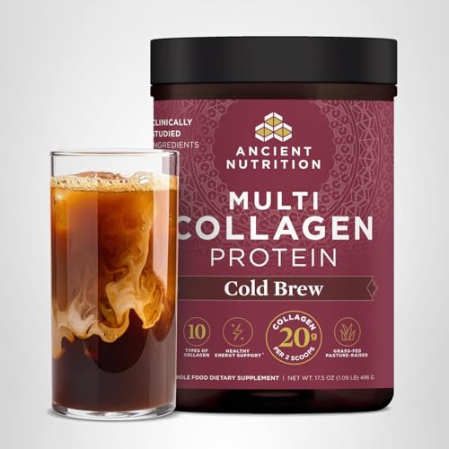 Ancient Nutrition easy-to-pour tub on kitchen counter for daily use.