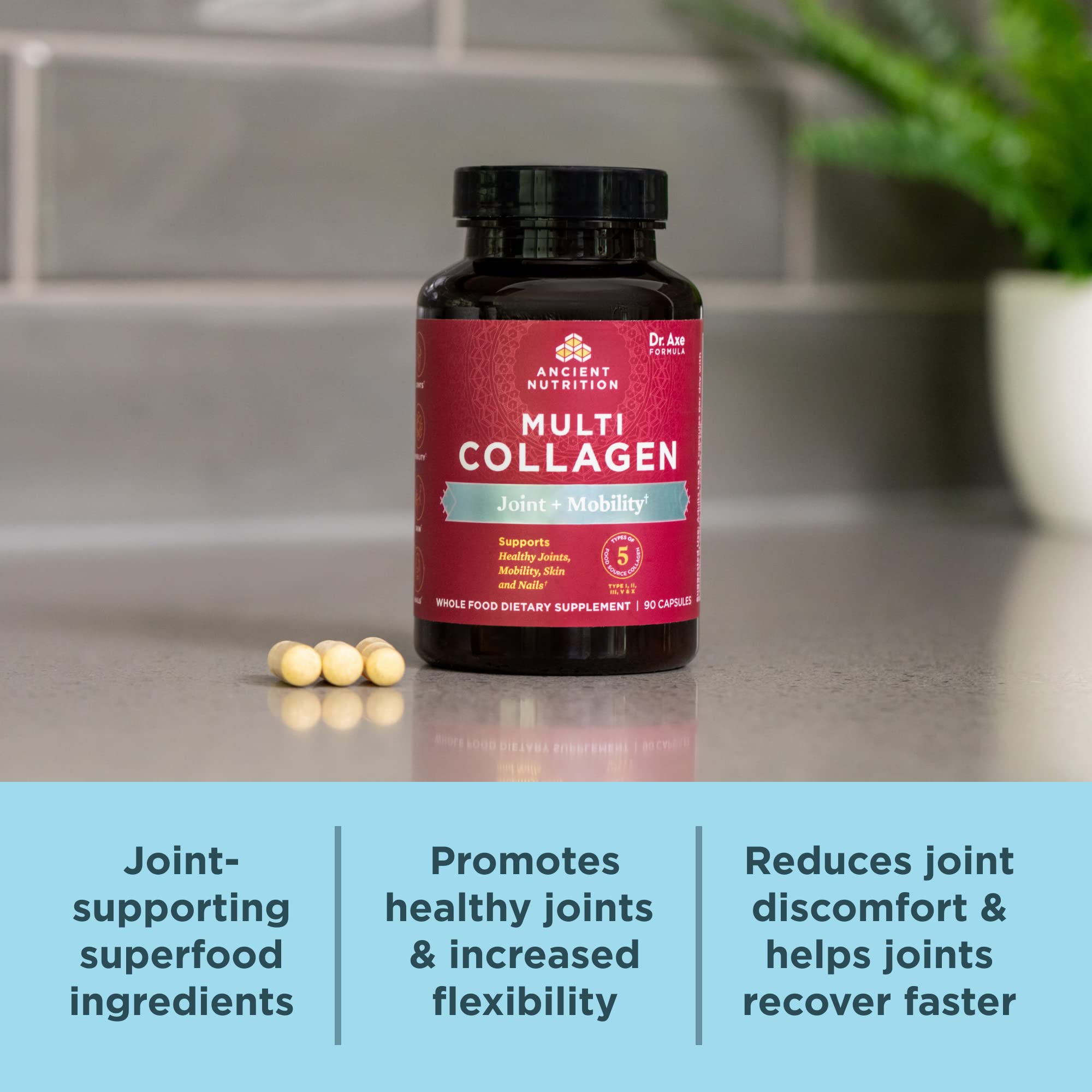 Ancient Nutrition exercise recovery capsules shown alongside workout gear.