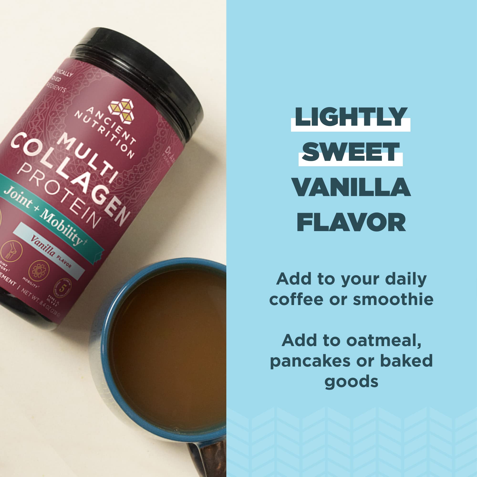 Ancient Nutrition five-types collagen close-up illustrating diverse protein sources.