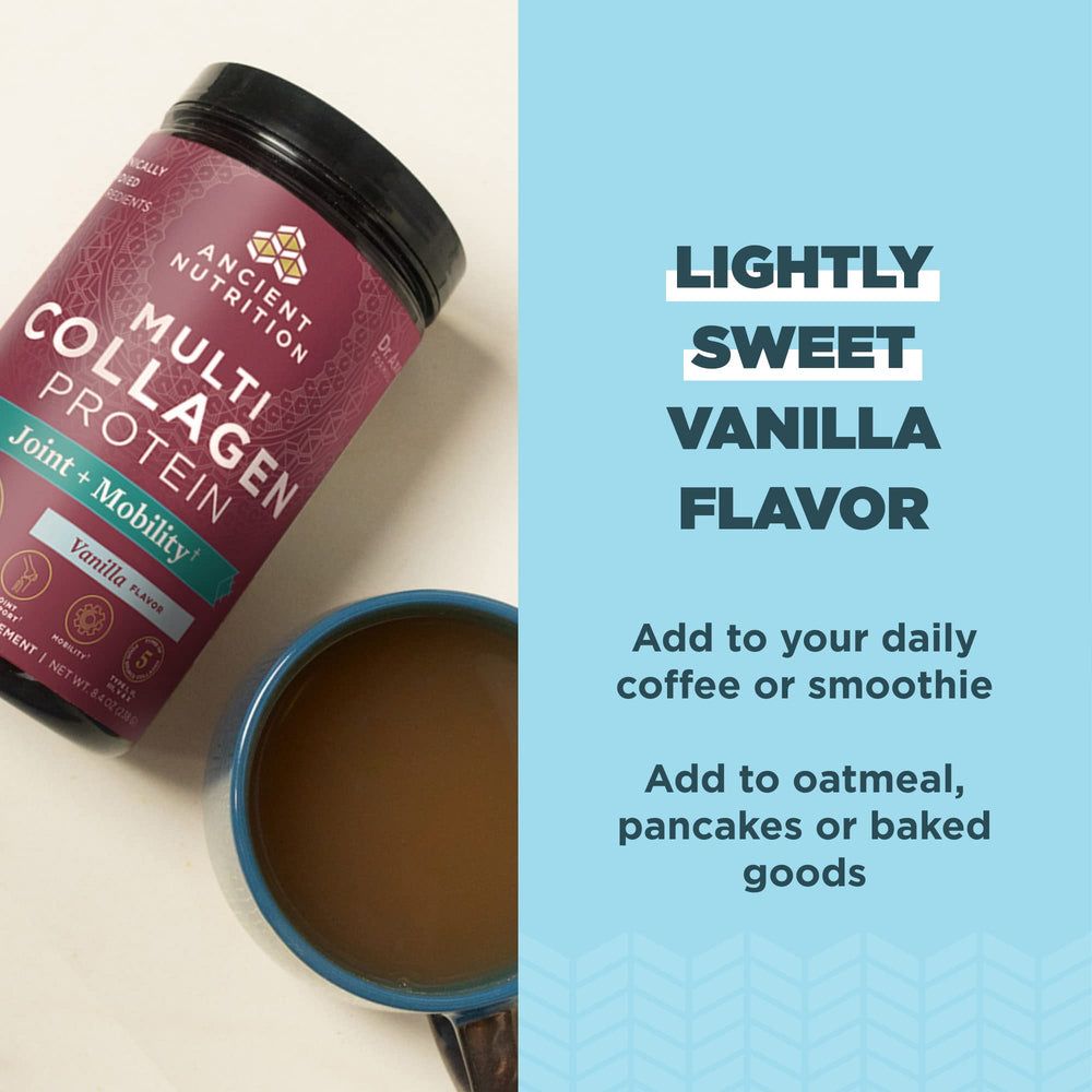 Ancient Nutrition five-types collagen close-up illustrating diverse protein sources.