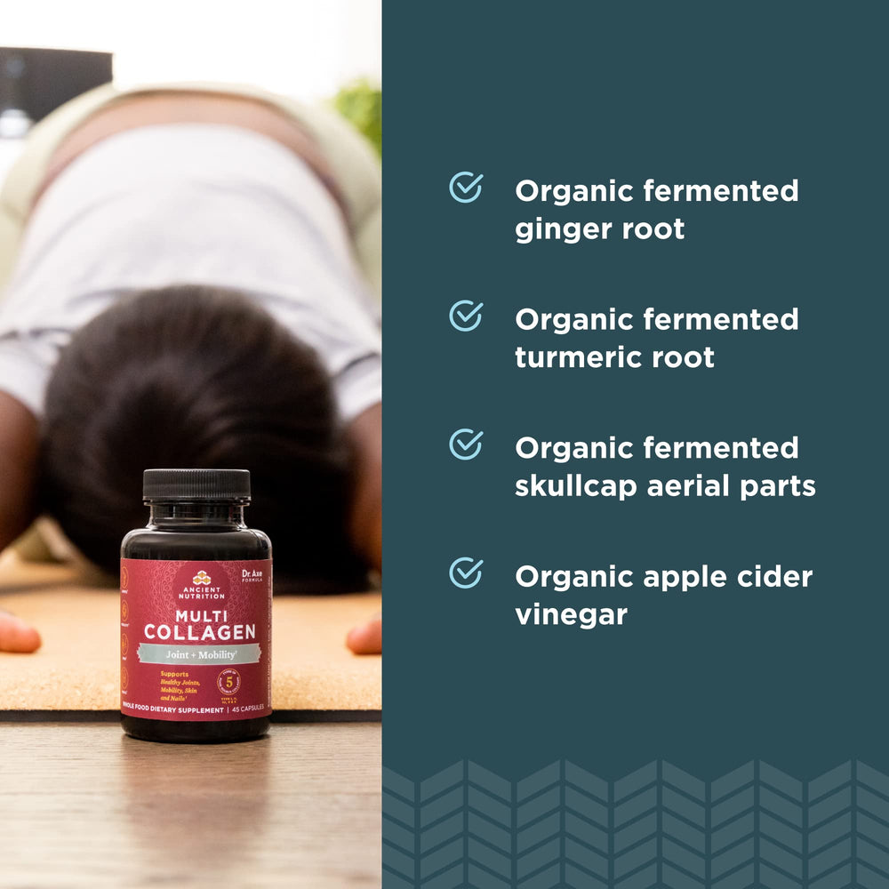 Ancient Nutrition gluten free collagen pills beside gluten-free diet items.