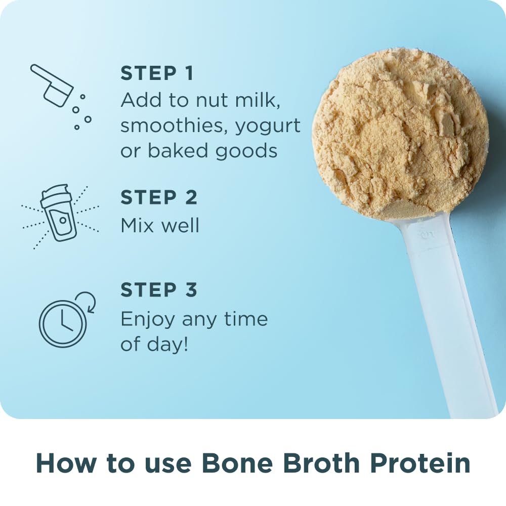 Ancient Nutrition grass-fed bone broth protein vanilla jar on kitchen counter