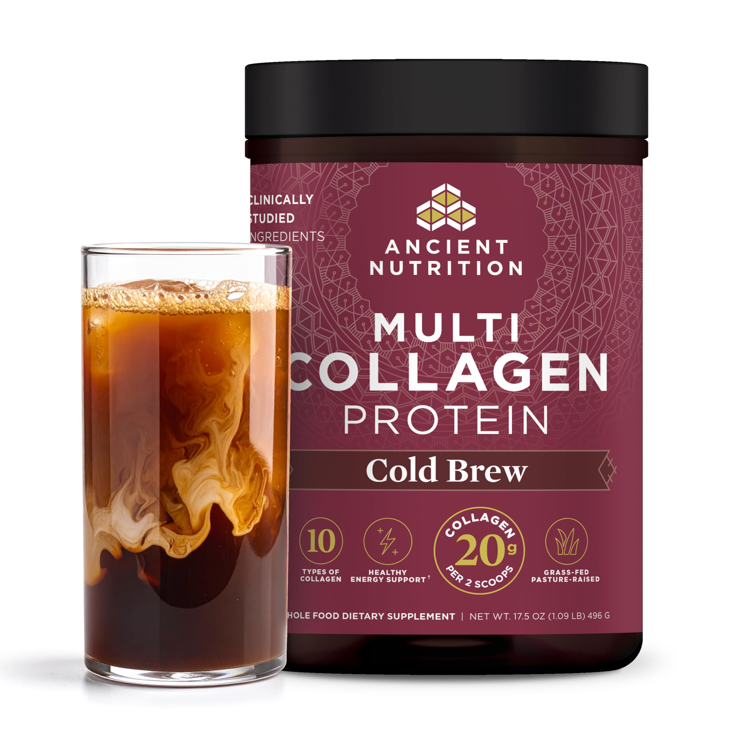 Ancient Nutrition hydrolyzed collagen peptides bottle for daily skin and nail support.