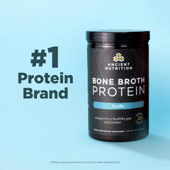 Ancient Nutrition hydrolyzed collagen peptides bottle; supports skin and joints when mixed into drinks.