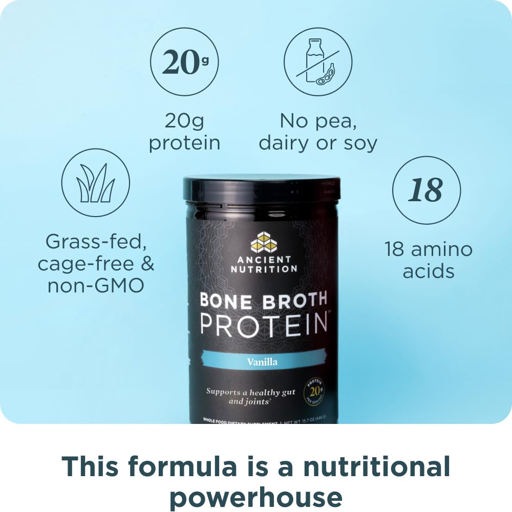 Ancient Nutrition hydrolyzed collagen peptides close-up, easy to blend into drinks.