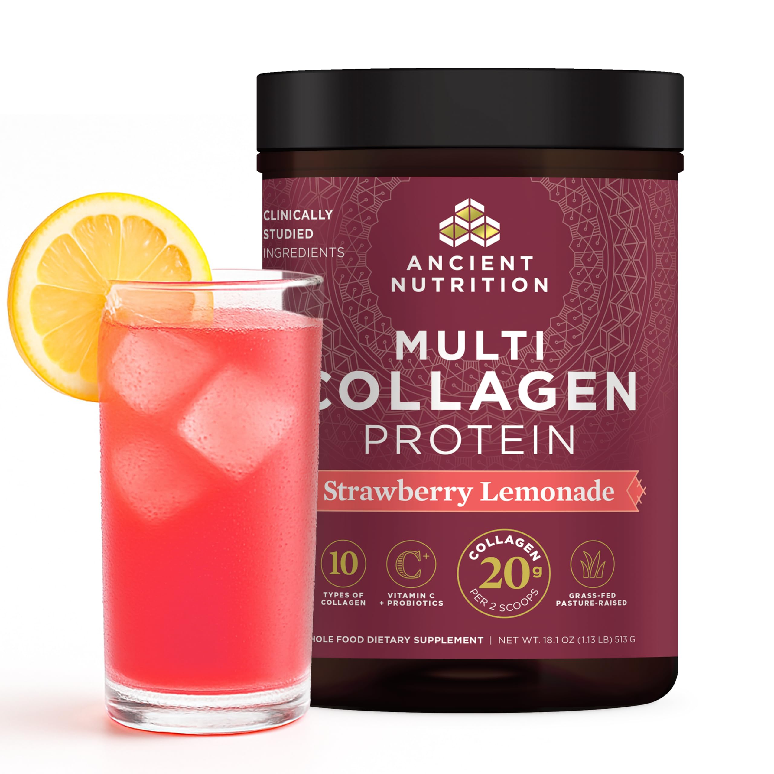Ancient Nutrition hydrolyzed collagen strawberry lemonade bottle for skin and gut support