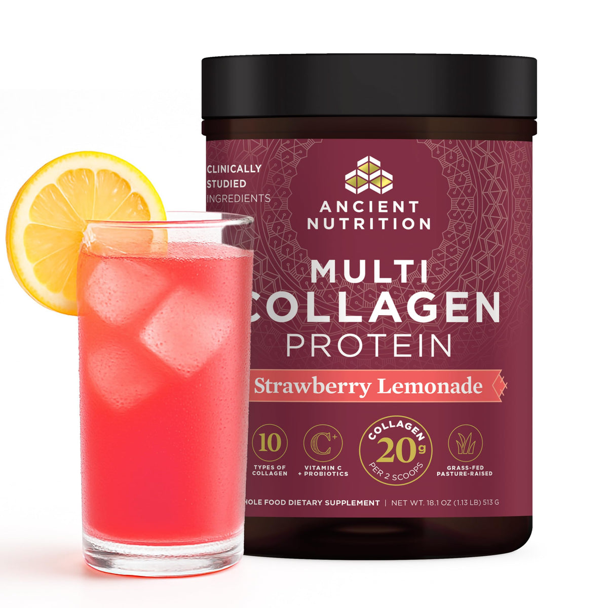 Ancient Nutrition hydrolyzed collagen strawberry lemonade bottle for skin and gut support