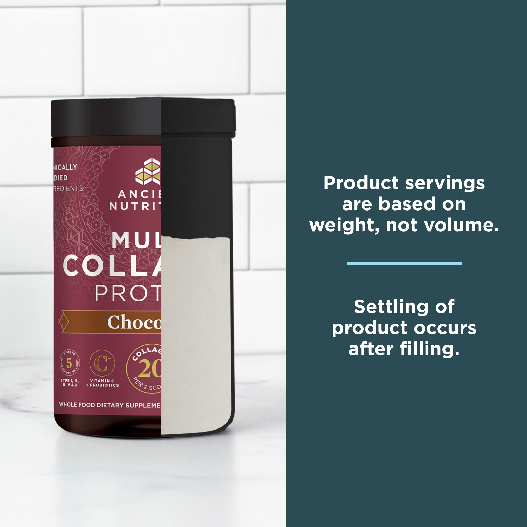 Ancient Nutrition tub on the kitchen counter signaling premium supplement