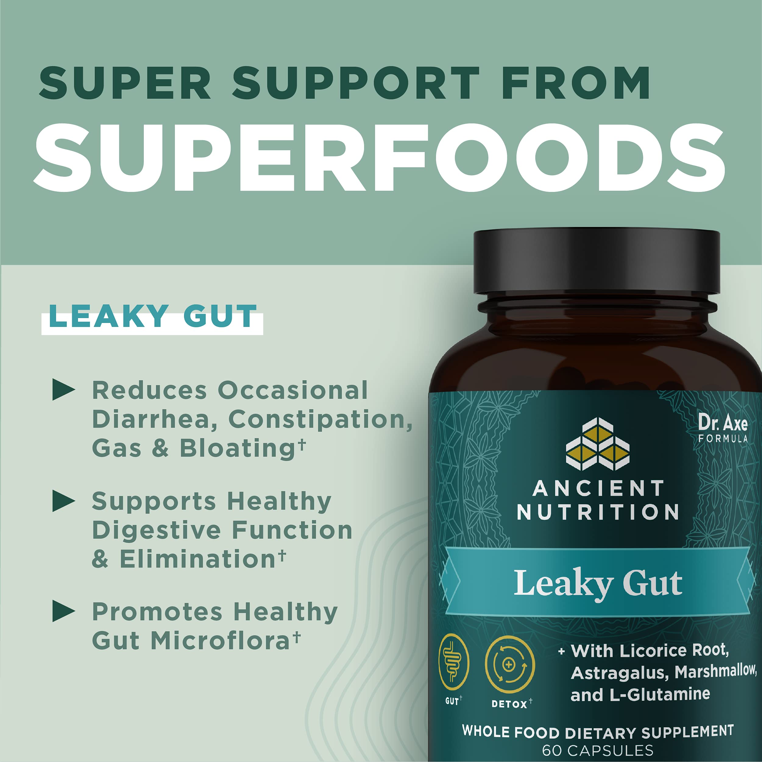Ancient Nutrition Leaky Gut Capsules bottle-closeup emphasizes L-glutamine and licorice root blend.