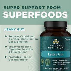 Ancient Nutrition Leaky Gut Capsules bottle-closeup emphasizes L-glutamine and licorice root blend.