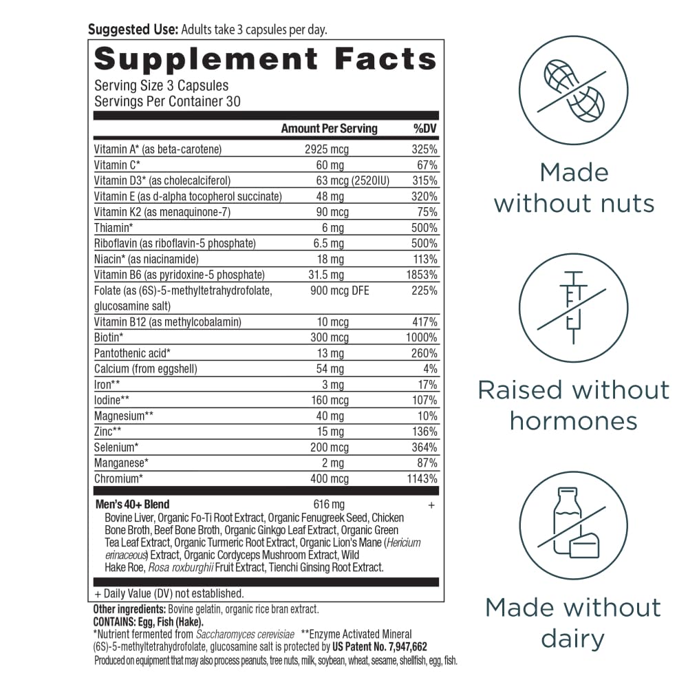 Ancient Nutrition Men 40+ label closeup highlights 21 vitamins and minerals.