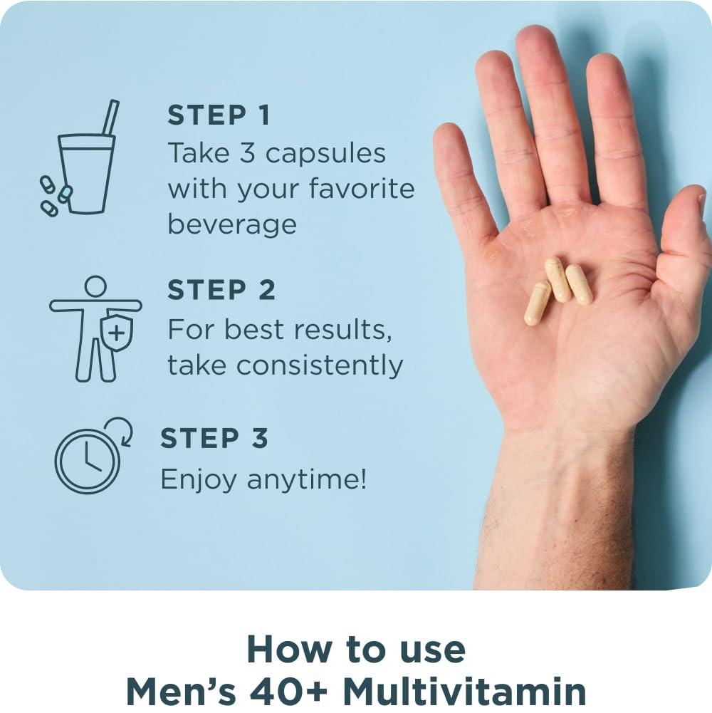 Ancient Nutrition Men 40+ man taking pill in morning routine.
