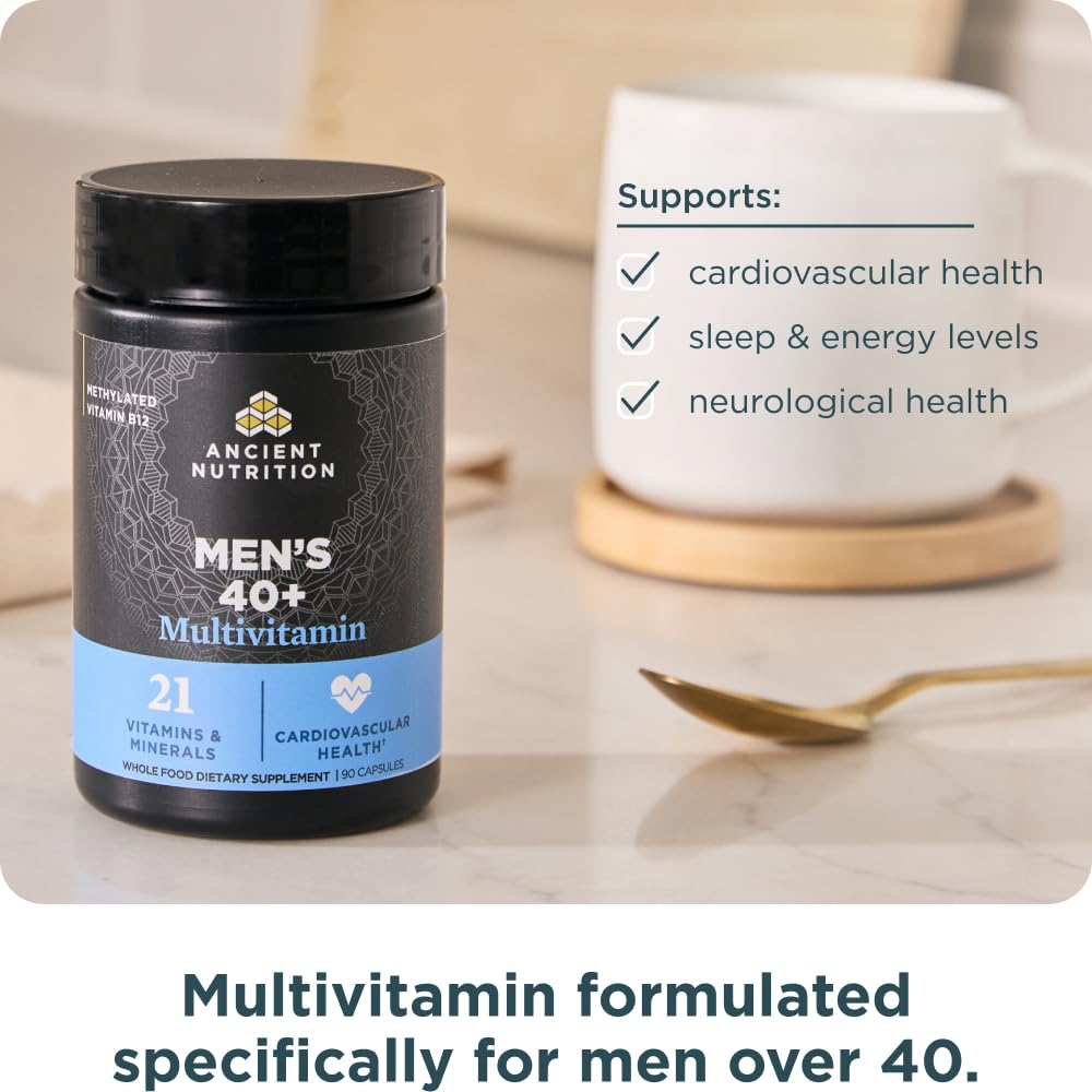Ancient Nutrition Men 40+ capsules trio suggests convenient once-daily routine.
