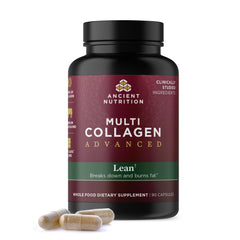 Ancient Nutrition Multi Collagen Advanced Lean bottle front promotes metabolism support.