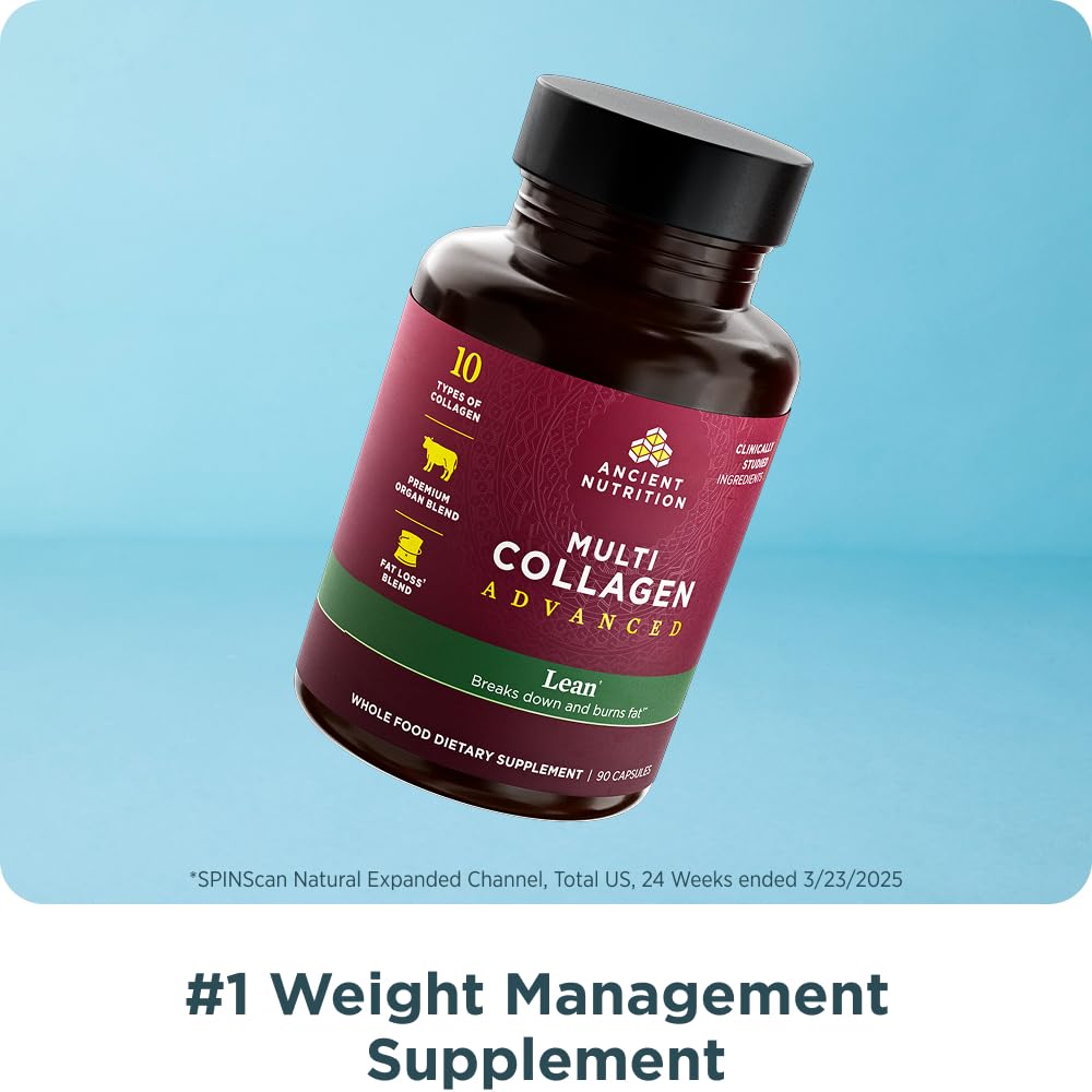 Ancient Nutrition Multi Collagen Advanced Lean label close-up highlights diverse collagen sources for premium nutrition.