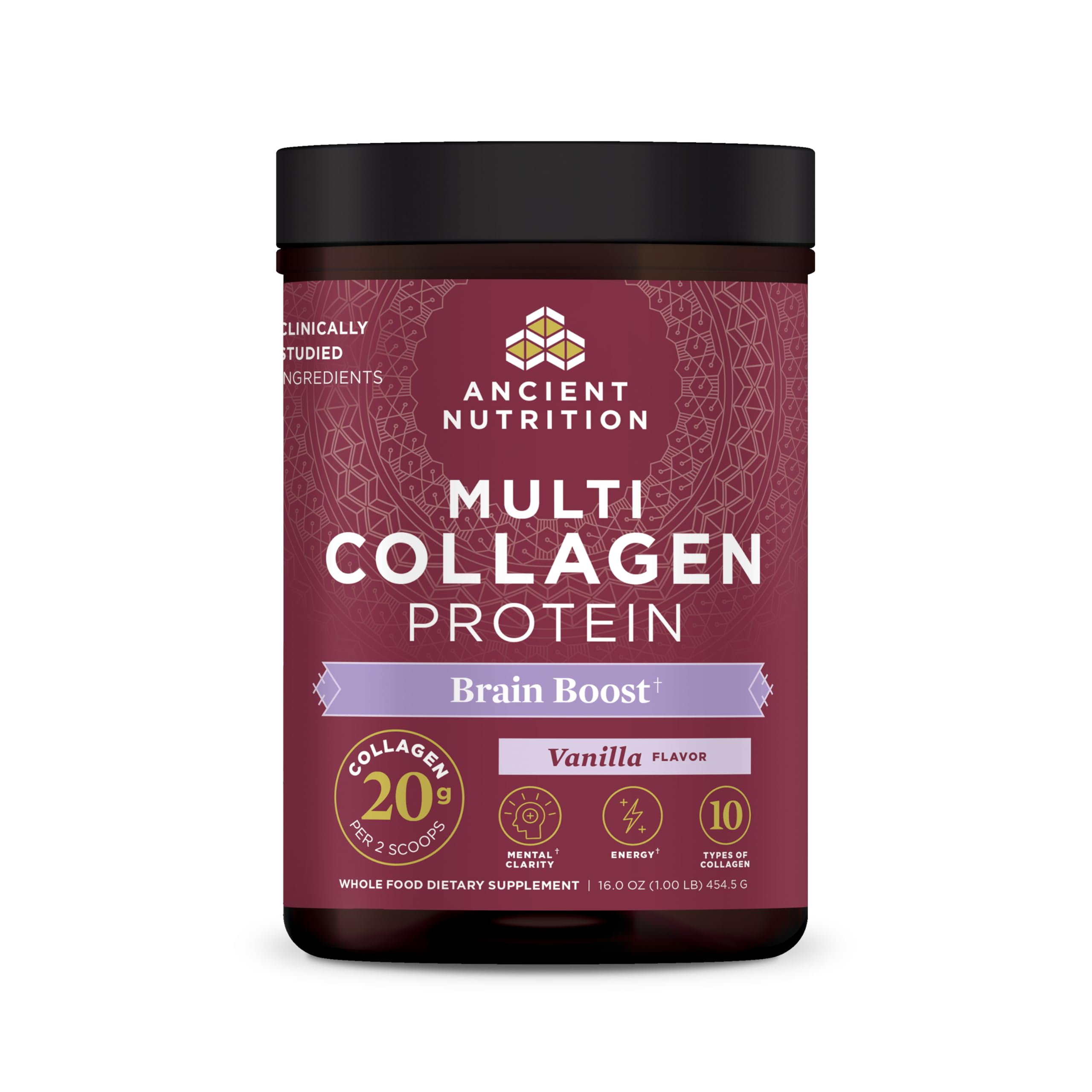 Ancient Nutrition Multi Collagen Brain Boost tub beside glass for skin support