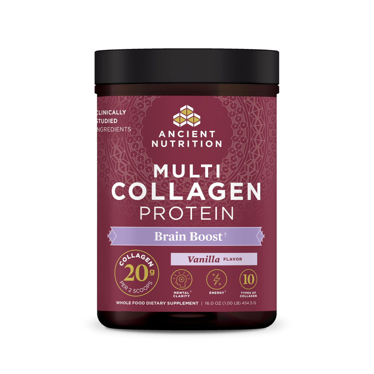 Ancient Nutrition Multi Collagen Brain Boost tub beside glass for skin support