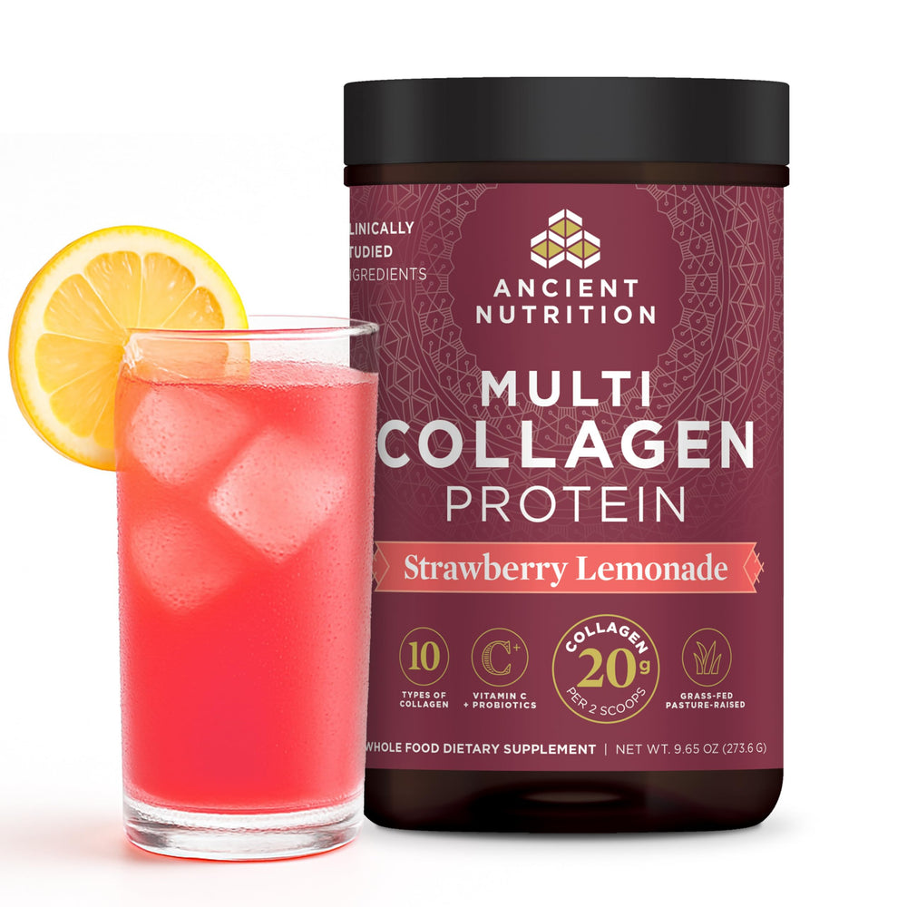 Ancient Nutrition multi collagen strawberry lemonade tub close-up ideal for daily skin and joint support.