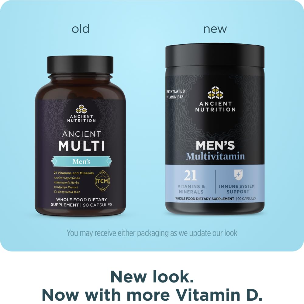 Ancient Nutrition multivitamin for men bottle back shows ingredients and benefits for vitality