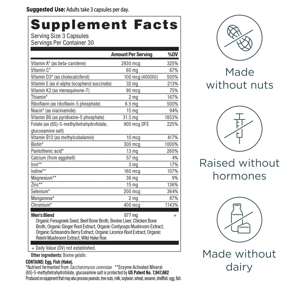 Ancient Nutrition multivitamin for men capsules closeup highlights methylated vitamins for absorption