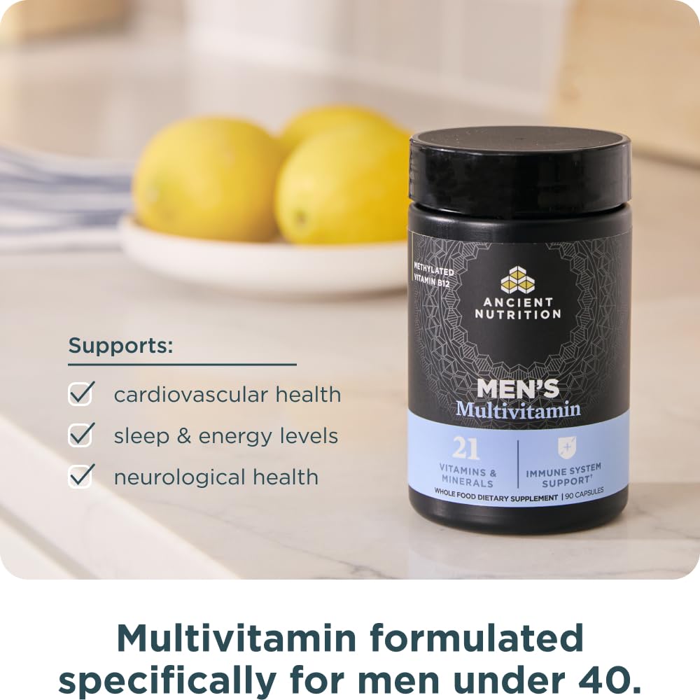 Ancient Nutrition multivitamin for men capsules pour view suggests easy daily routine