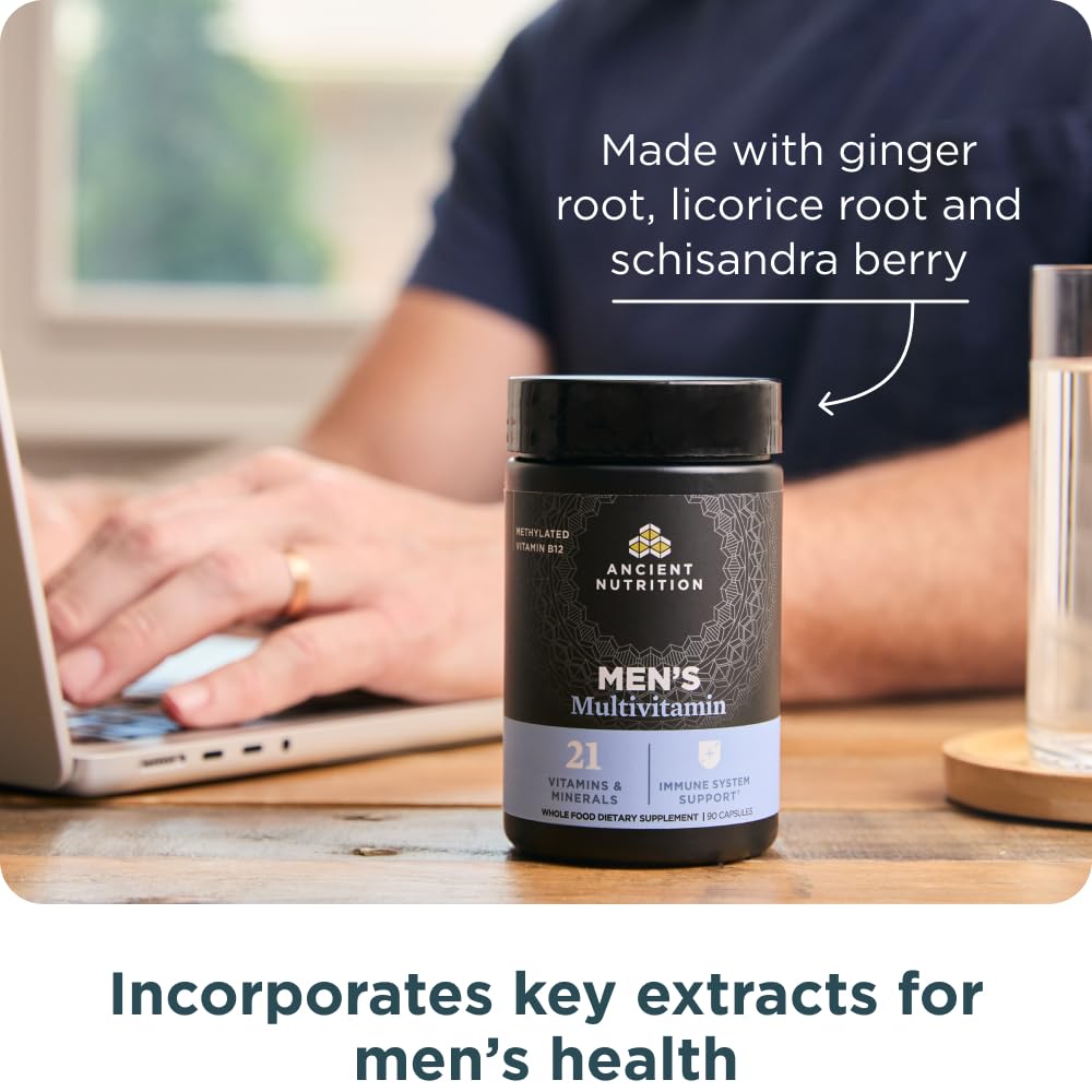 Ancient Nutrition multivitamin for men ingredients illustration showcases 21 nutrients and herbal blend