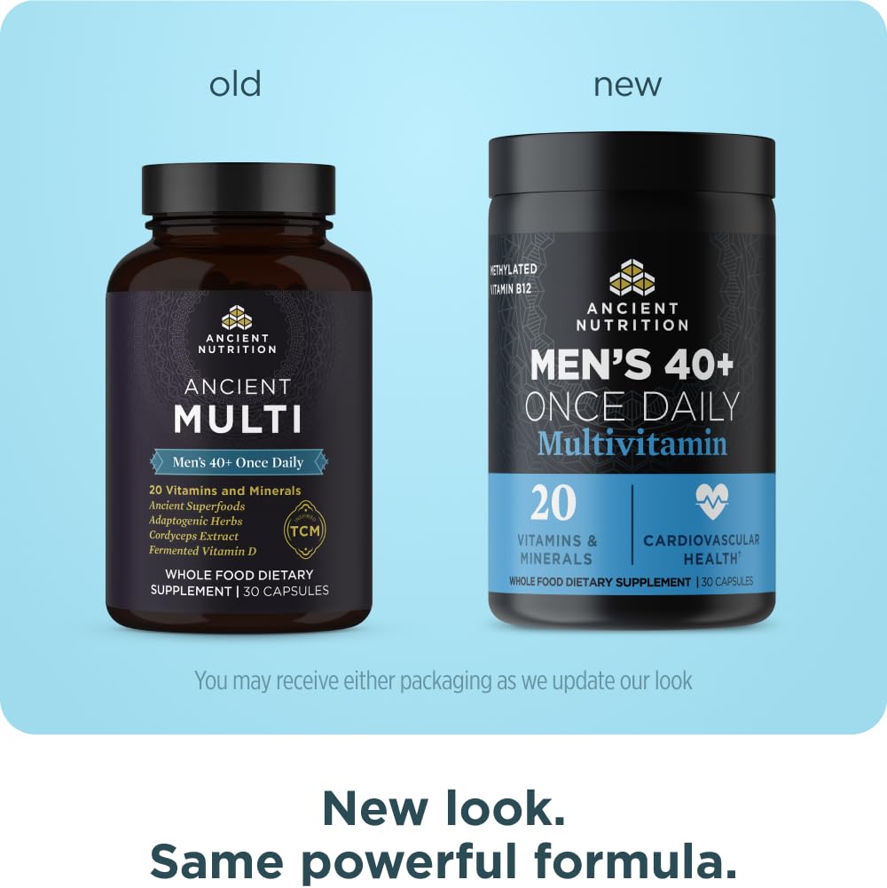 Ancient Nutrition Multivitamin Men 40 capsules closeup highlights convenient daily capsule form and ease of use