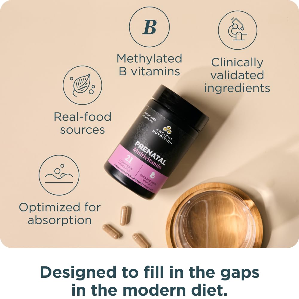 Ancient Nutrition prenatal capsules close-up highlighting easy-to-swallow dose