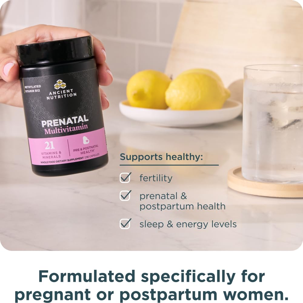 Ancient Nutrition prenatal supplement label emphasizing real-food ingredients and quality
