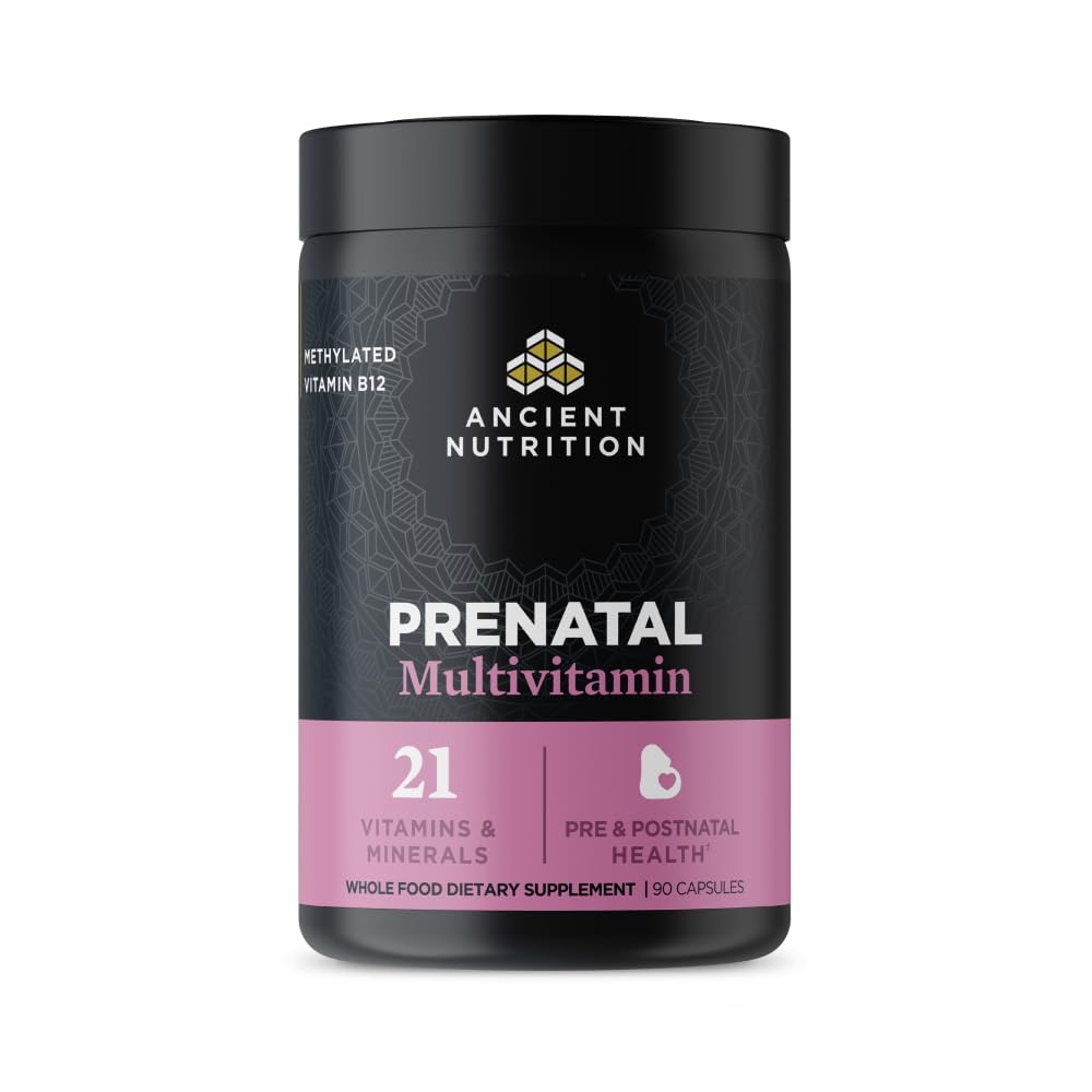Ancient Nutrition Prenatal vitamins bottle with 90 capsules for prenatal support