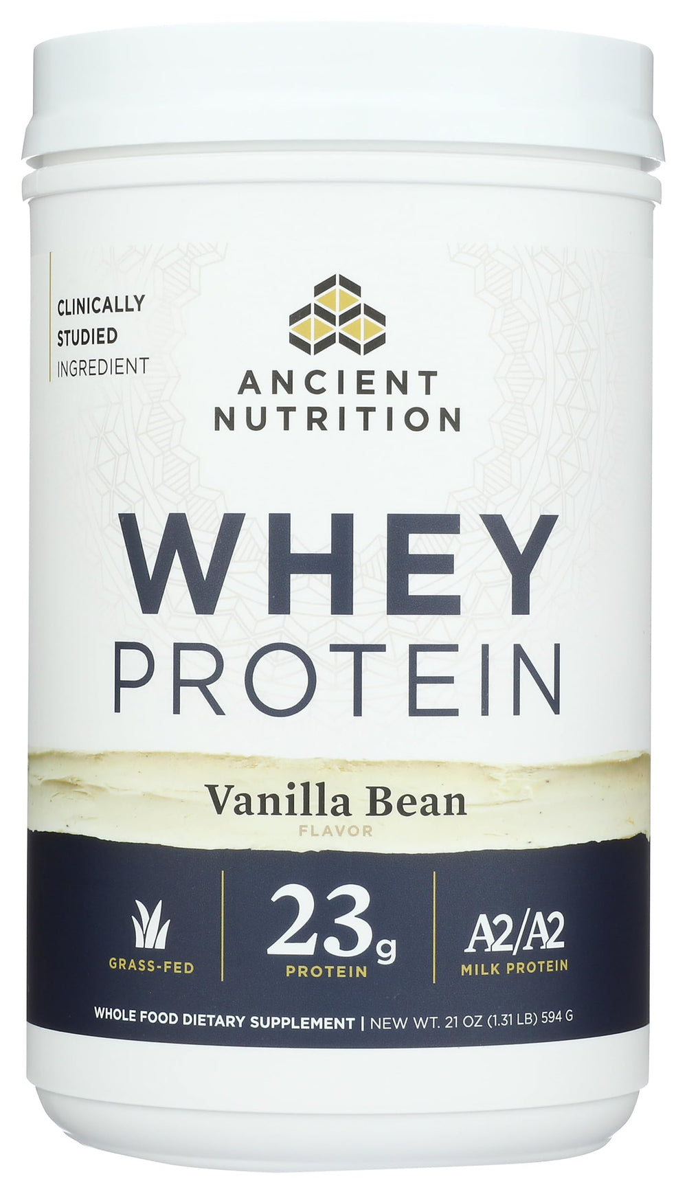 Ancient Nutrition shake being poured into a glass demonstrates smooth mixability.