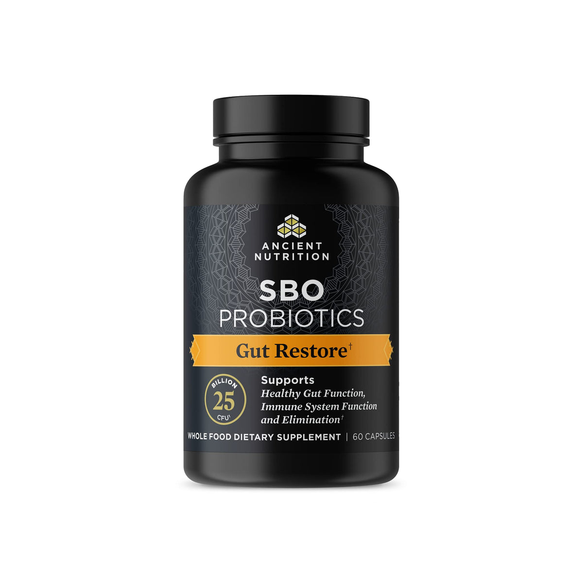 Ancient Nutrition SBO Gut Restore bottle promoting gut health and immune support.