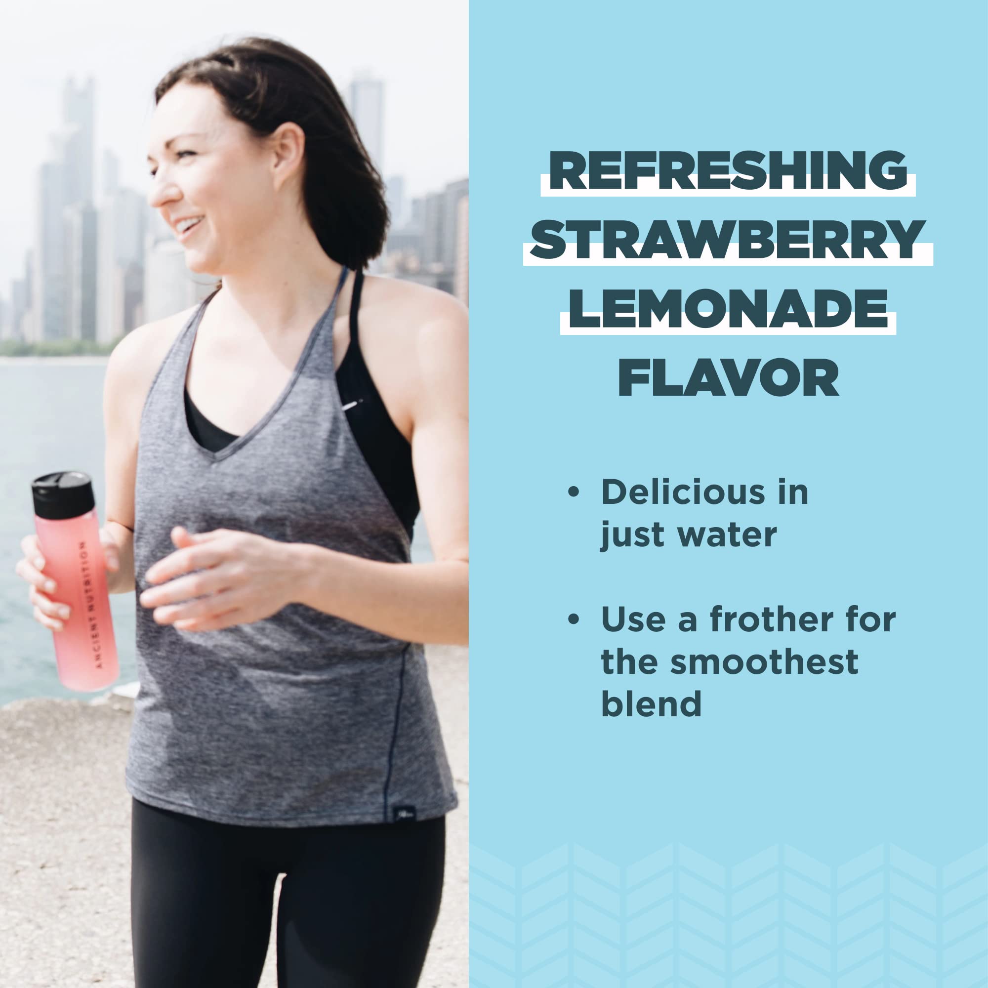 Ancient Nutrition collagen powder dissolving in smoothie with strawberry lemonade flavor.