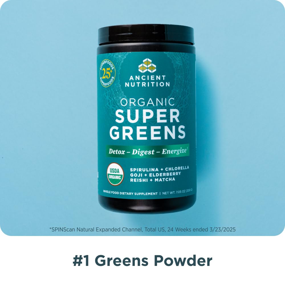 Ancient Nutrition Super Greens being mixed in a glass for a convenient green shake