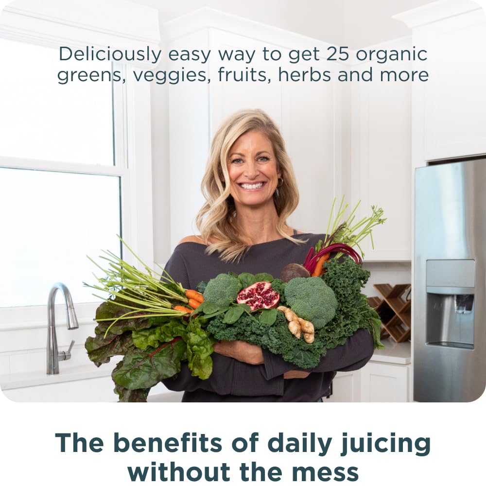 Ancient Nutrition Super Greens tub showcases organic fruits and vegetables