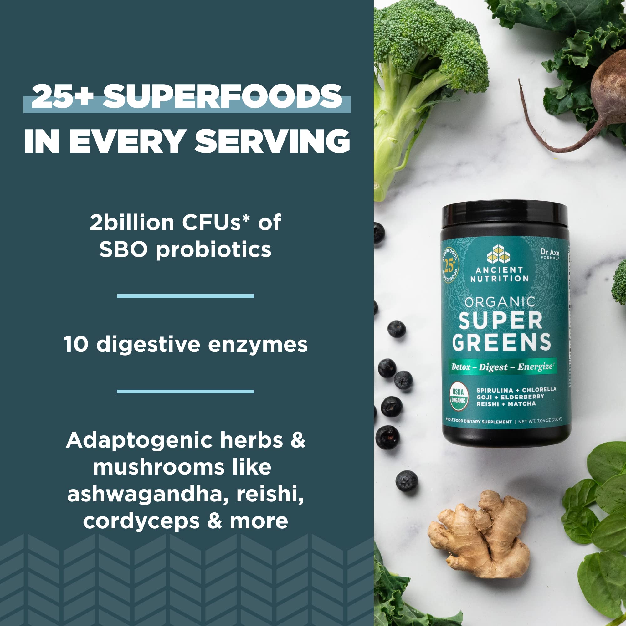 Ancient Nutrition Super Greens scoop included for easy daily servings