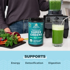 Ancient Nutrition Super Greens tub back nutrition panel highlights probiotics and enzymes for gut health