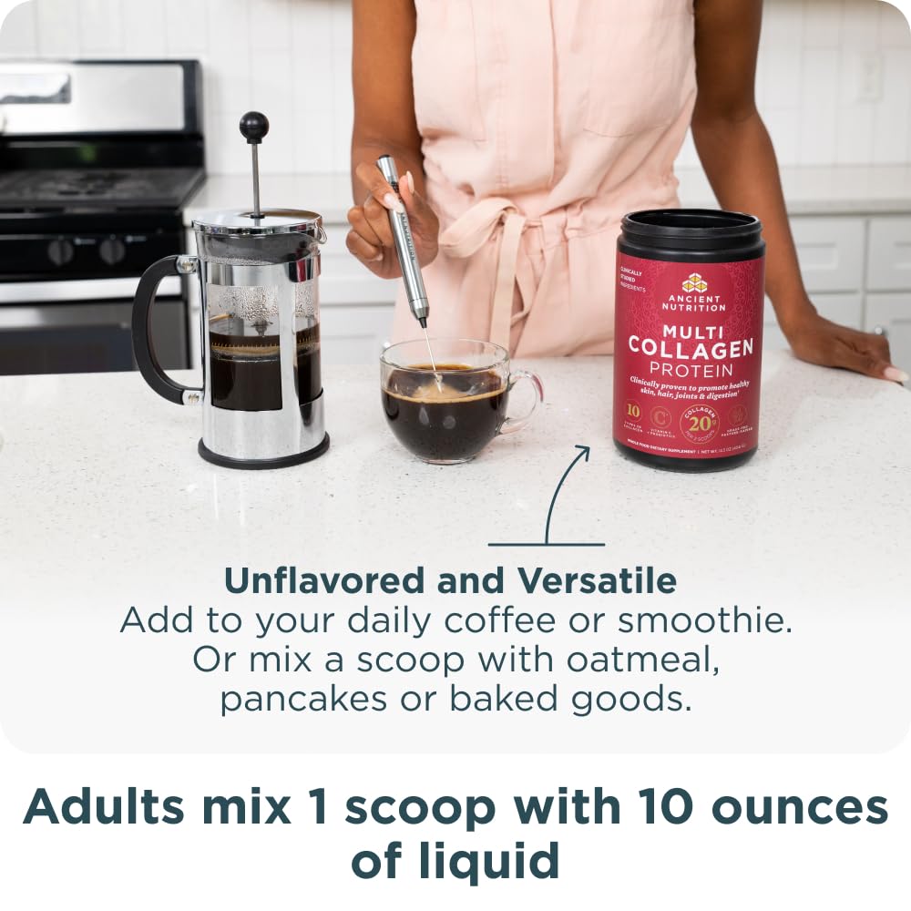 Ancient Nutrition unflavored powder being stirred into coffee shows versatile mixing