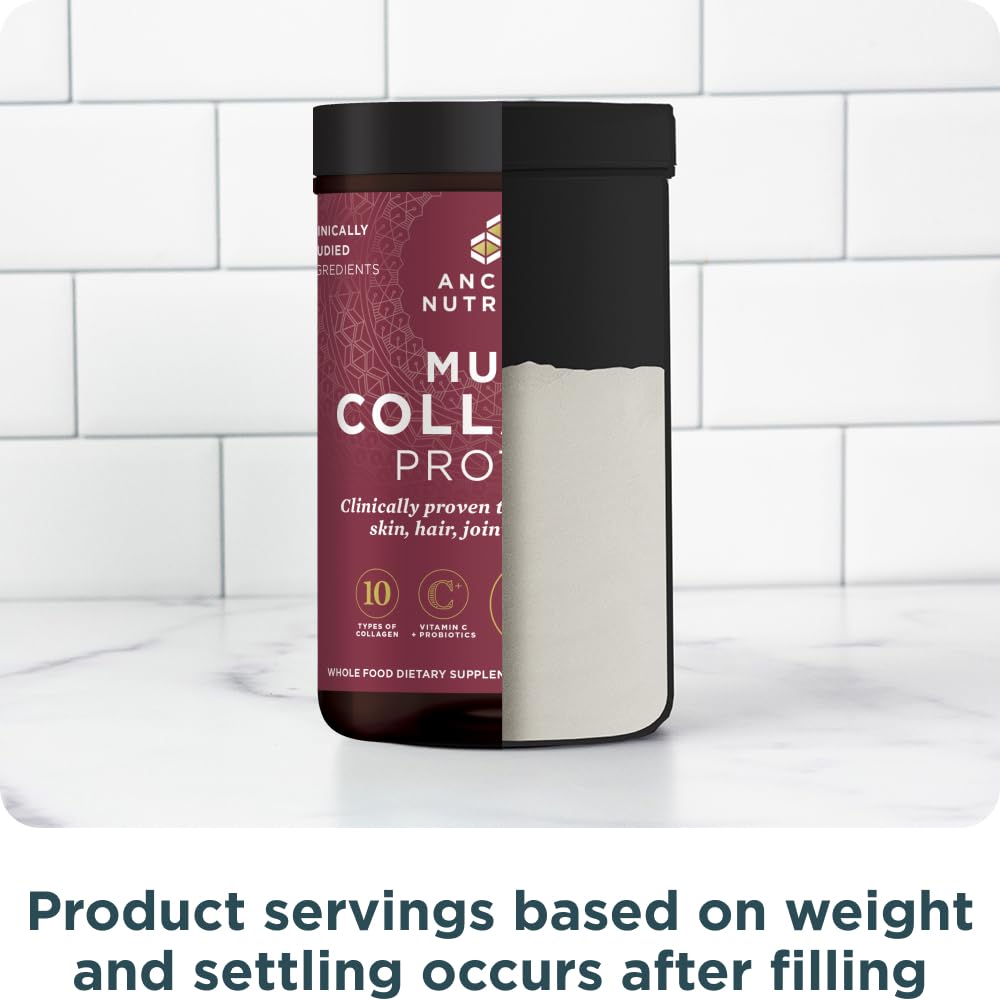 Ancient Nutrition unflavored tub on kitchen counter highlights convenient packaging