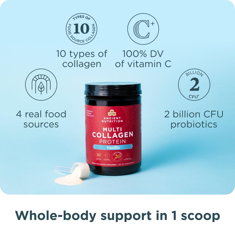 Ancient Nutrition vanilla collagen shake poured in glass shows smooth texture