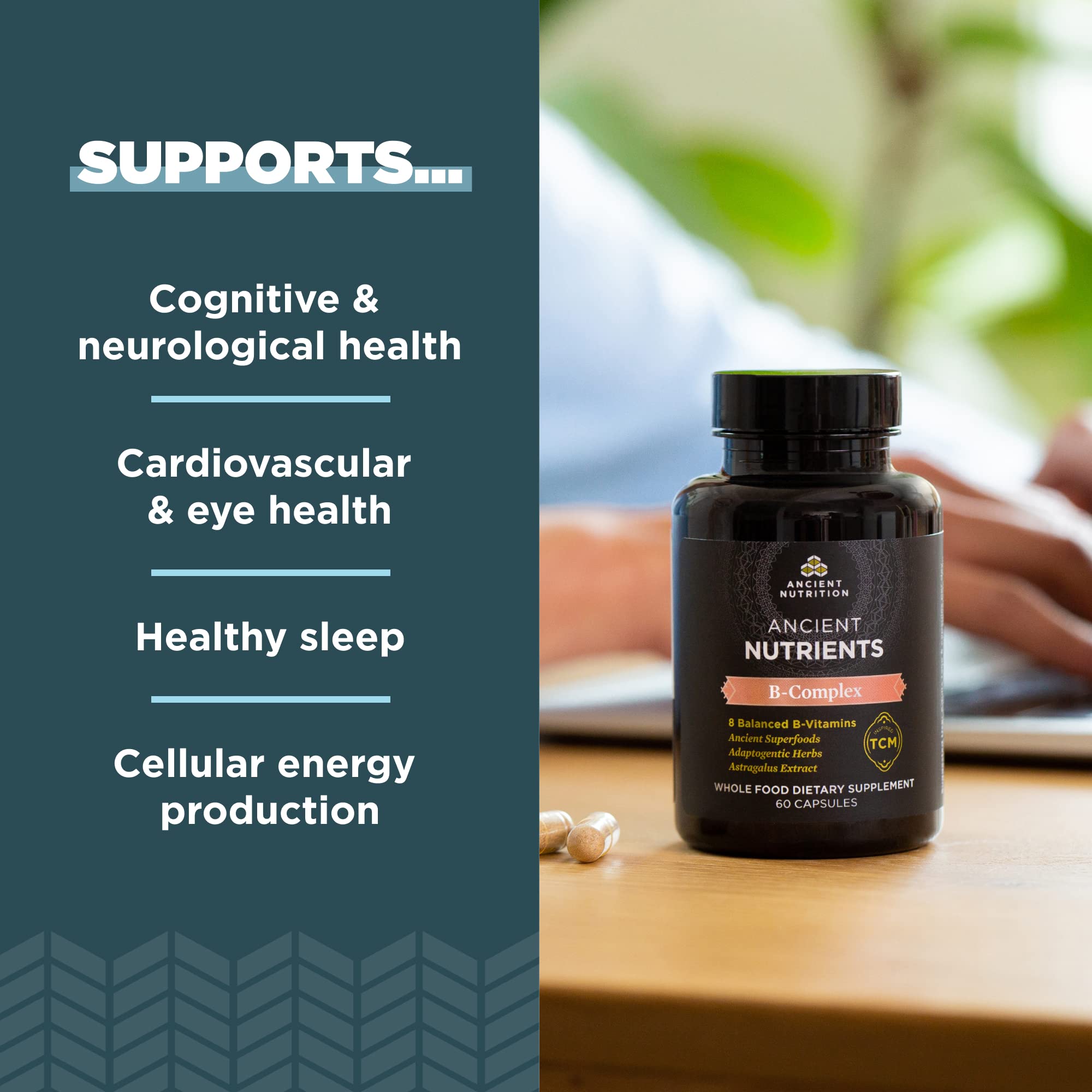 Capsules dispensed into a hand from Ancient Nutrition Vitamin B Complex