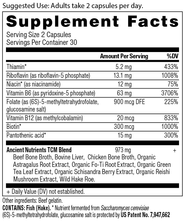 Label closeup of Ancient Nutrition Vitamin B Complex showing ingredients