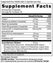 Label closeup of Ancient Nutrition Vitamin B Complex showing ingredients