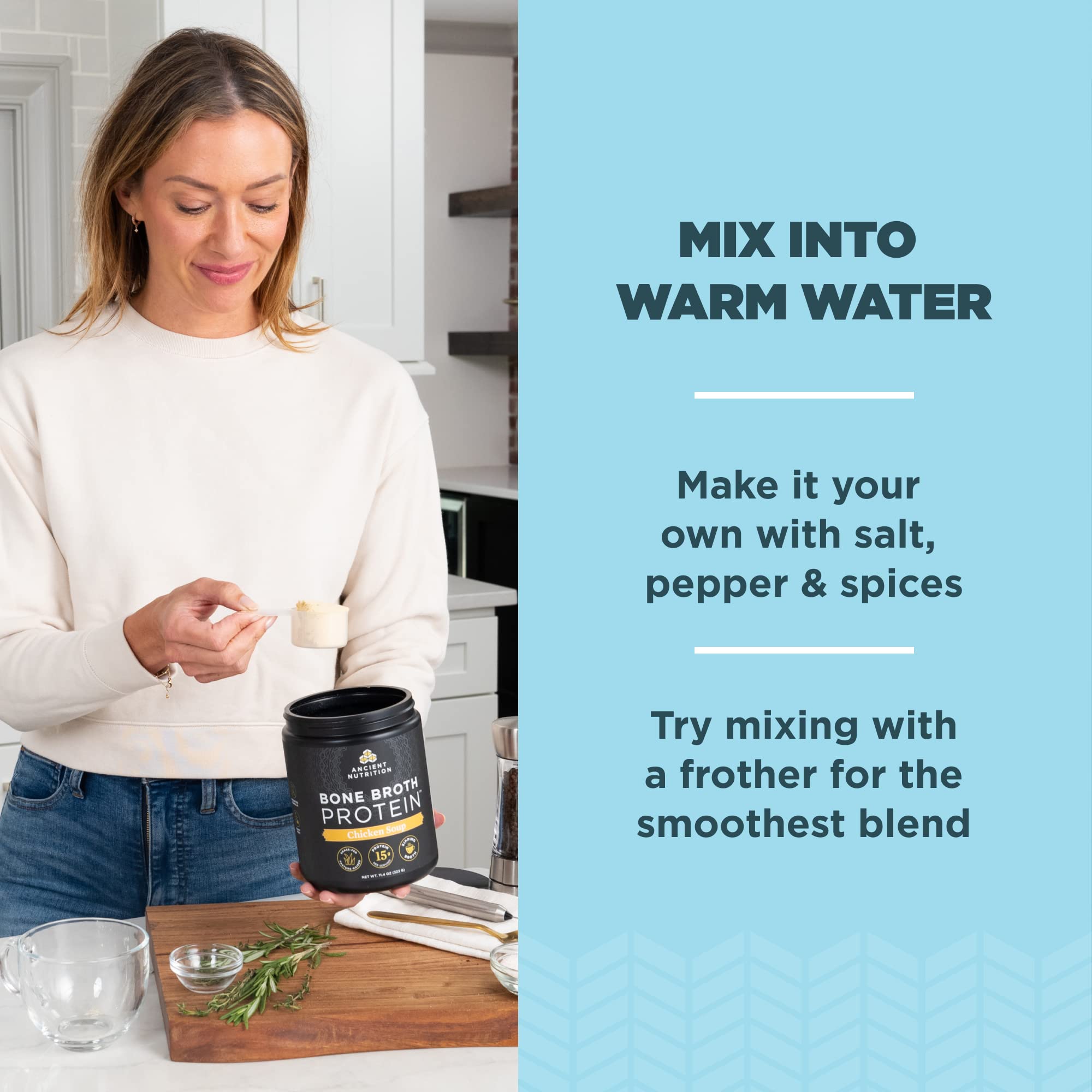 Ancient Nutrition warm broth with hot water for convenient preparation.