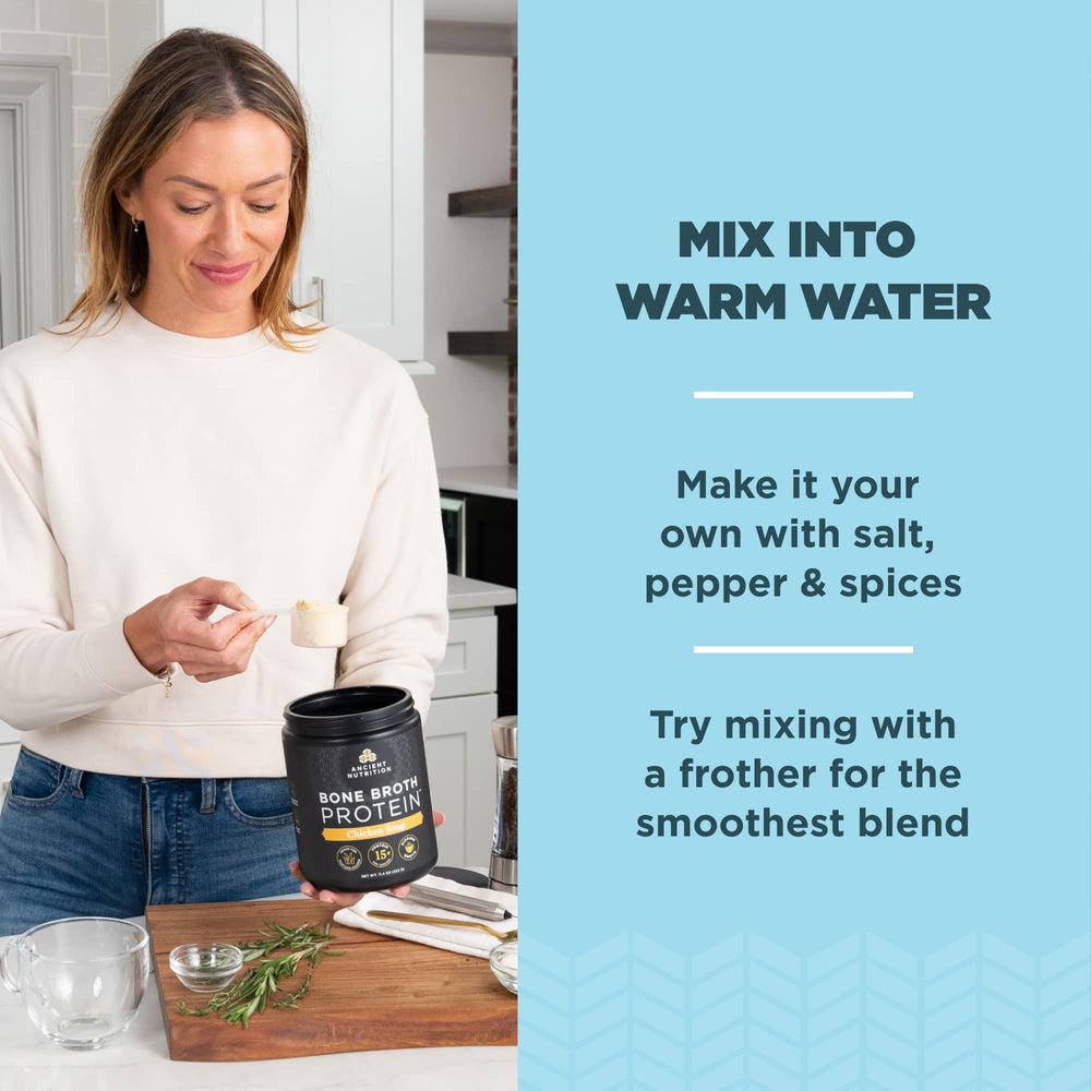 Ancient Nutrition warm broth with hot water for convenient preparation.